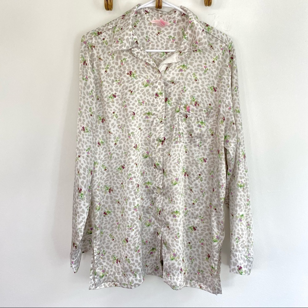 Victoria's Secret Gray Leopard Floral Button Down Satin Pajama Top Longsleeve